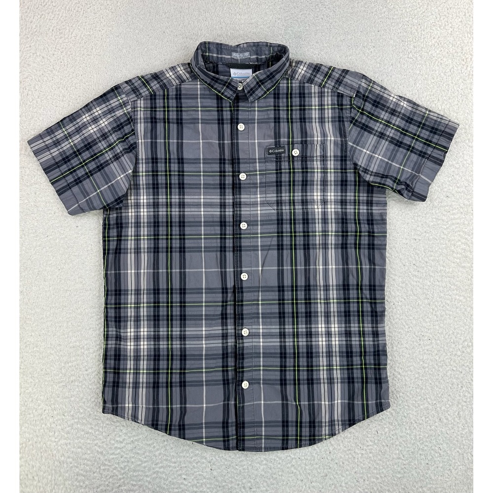 Columbia Shirt Mens Medium Gray Plaid Short Sleeve Stretch Button Up Casual